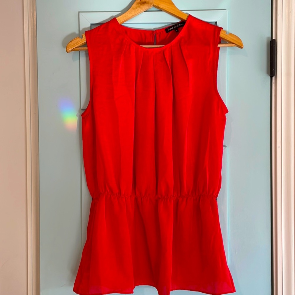 Women red tank top blouse with gathered waist detail. Size large
